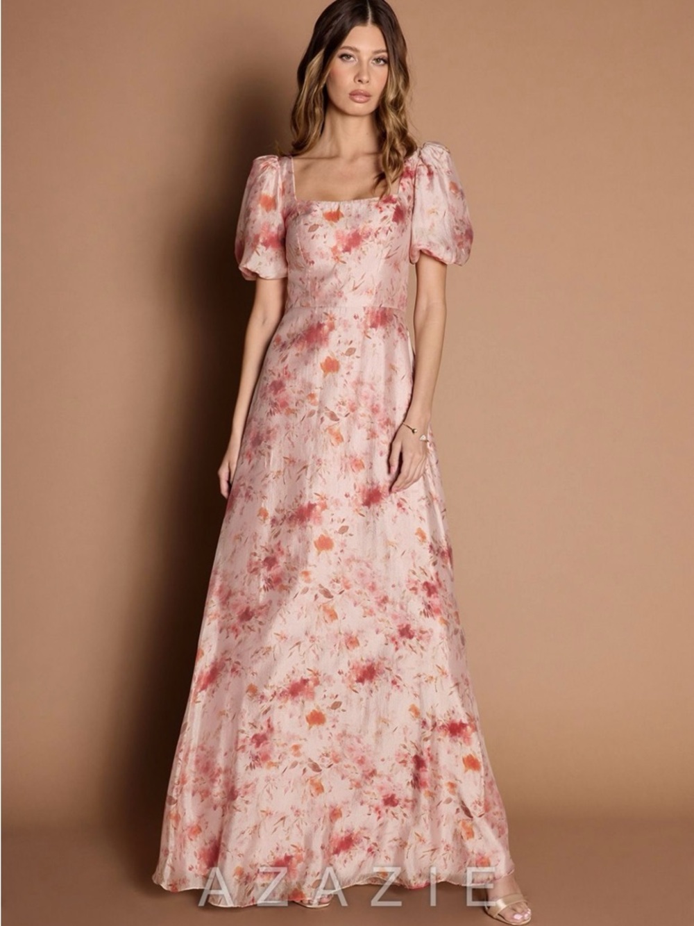 Azazie Pink Blush Floral Puff-Sleeve Maxi Dress